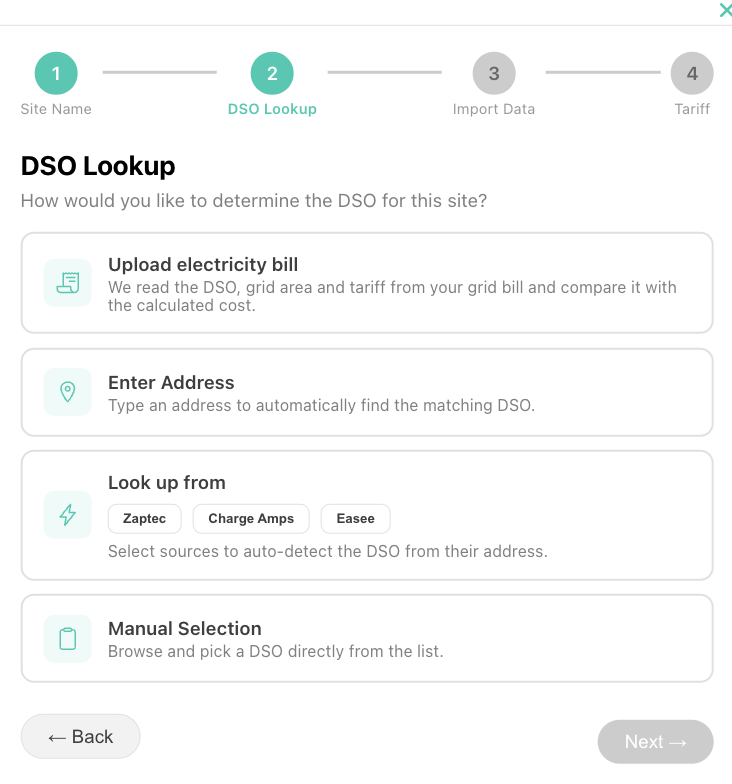 Peak Energy site onboarding flow with electricity-bill upload for DSO lookup